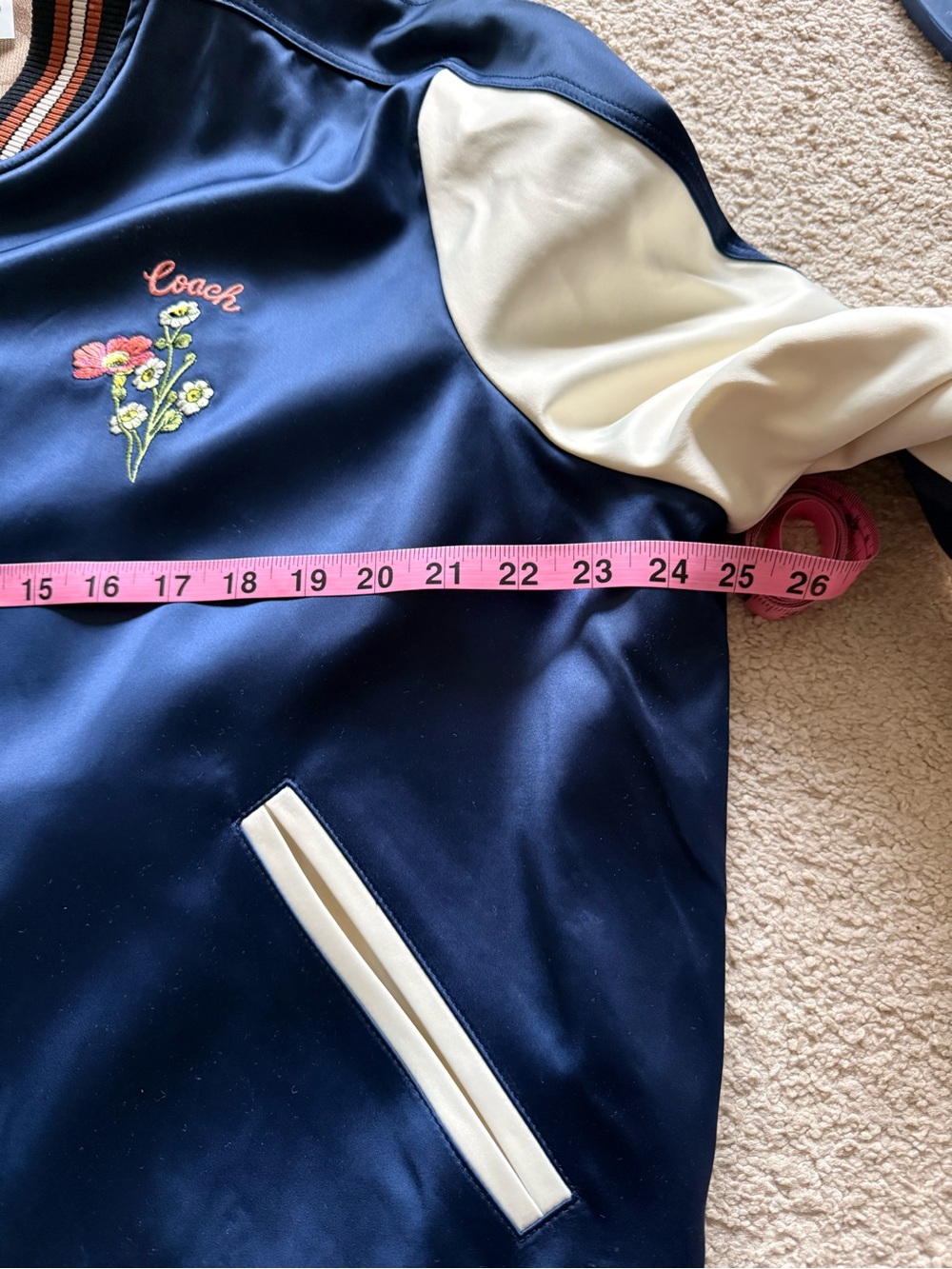 Coach Reversible Navy Bomber Jacket with Cream Sleeves and Floral Embroidery - Picture 10 of 11